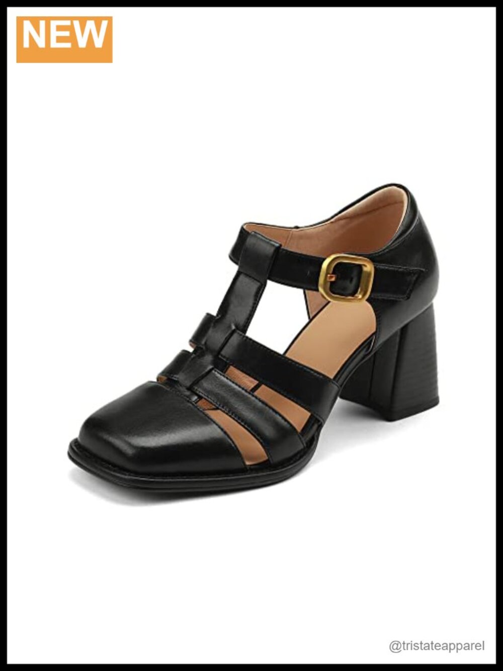 Genuine Leather Handmade Sandals Square Toe Block Heel Buckle Ankle Strap